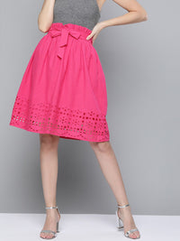 SASSAFRAS Fuchsia Pink Pure Cotton Schiffli Detail Flared Skirt with Belt