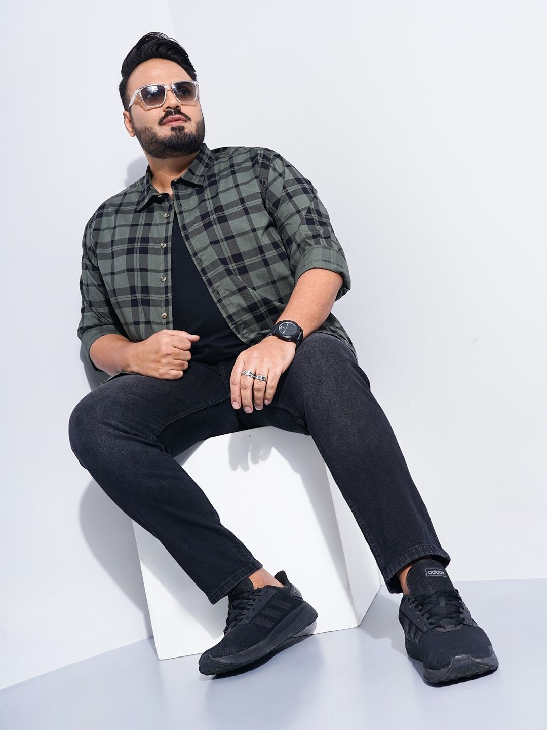 The Indian Garage Co Plus Size Windowpane Checked Cotton Casual Shirt
