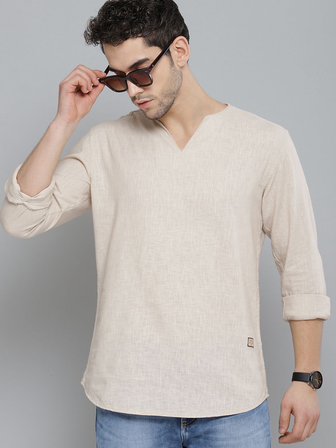 DENNISON Men Beige Comfort Fit Solid Shirt Style Kurta
