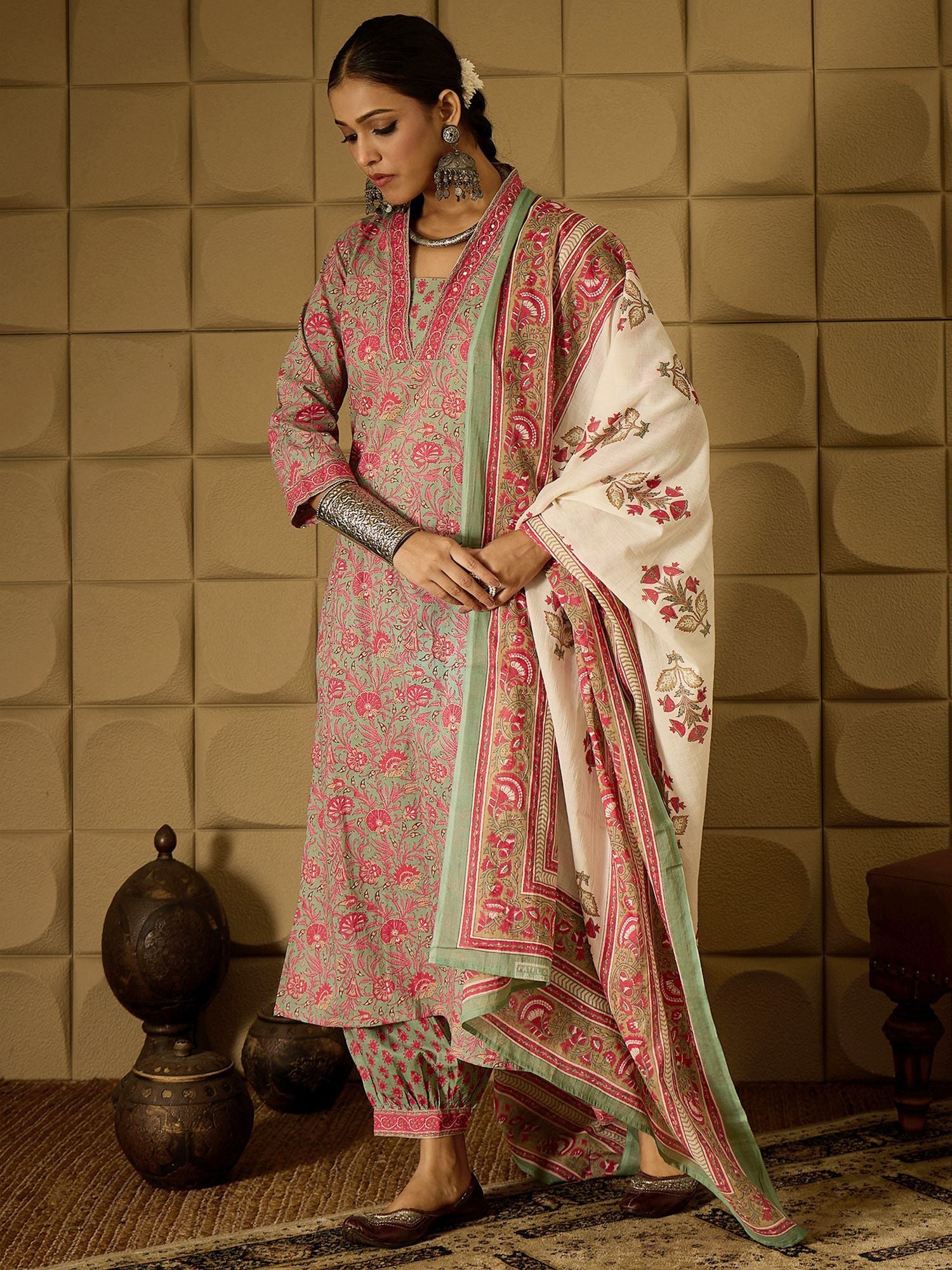 Indo Era Floral Printed Pure Cotton Kurta Straight Kurta With Salwar And Dupatta
