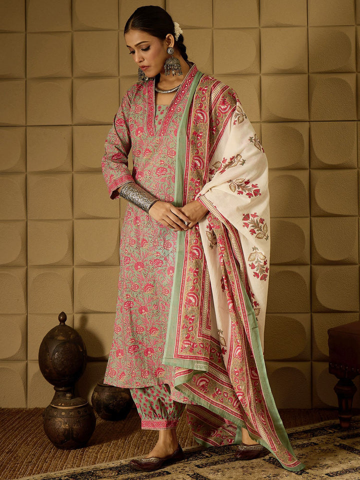 Indo Era Floral Printed Pure Cotton Kurta Straight Kurta With Salwar And Dupatta