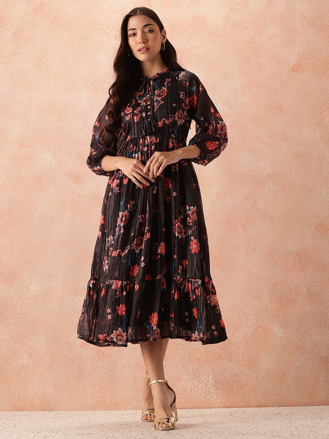 all about you Floral Print Tie-Up Neck Pleated Fit & Flare Midi Dress