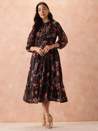 all about you Floral Print Tie-Up Neck Pleated Fit & Flare Midi Dress