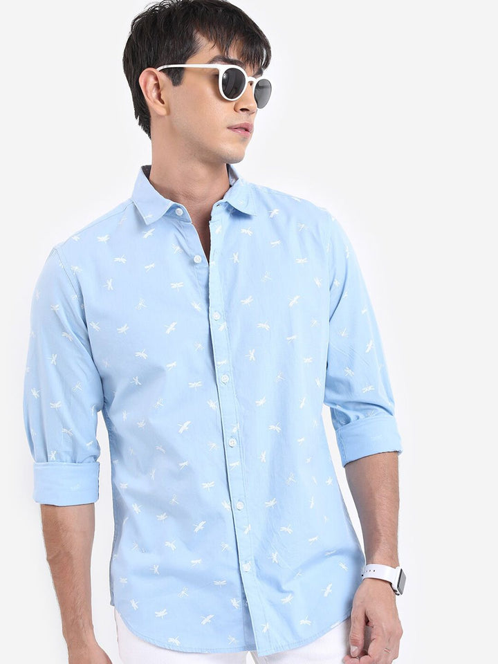 HIGHLANDER Conversational Printed Slim Fit Spread Collar Casual Cotton Shirt