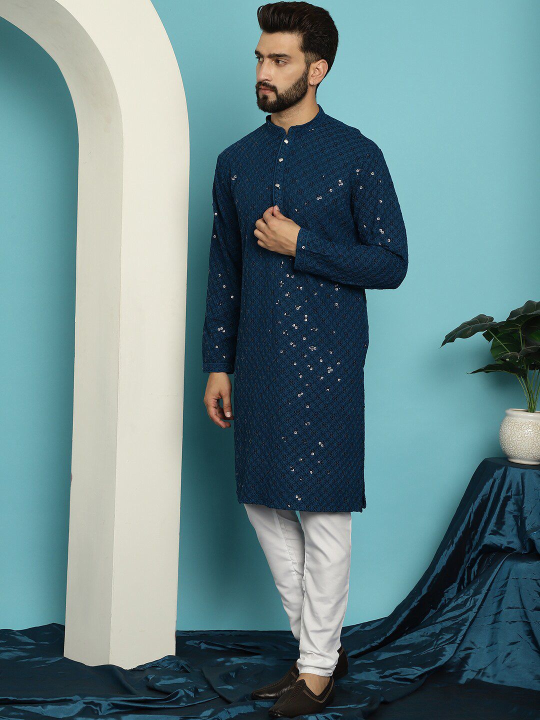 SOJANYA Ethnic Motifs Embroidered Sequined Pure Cotton Kurta with Churidar