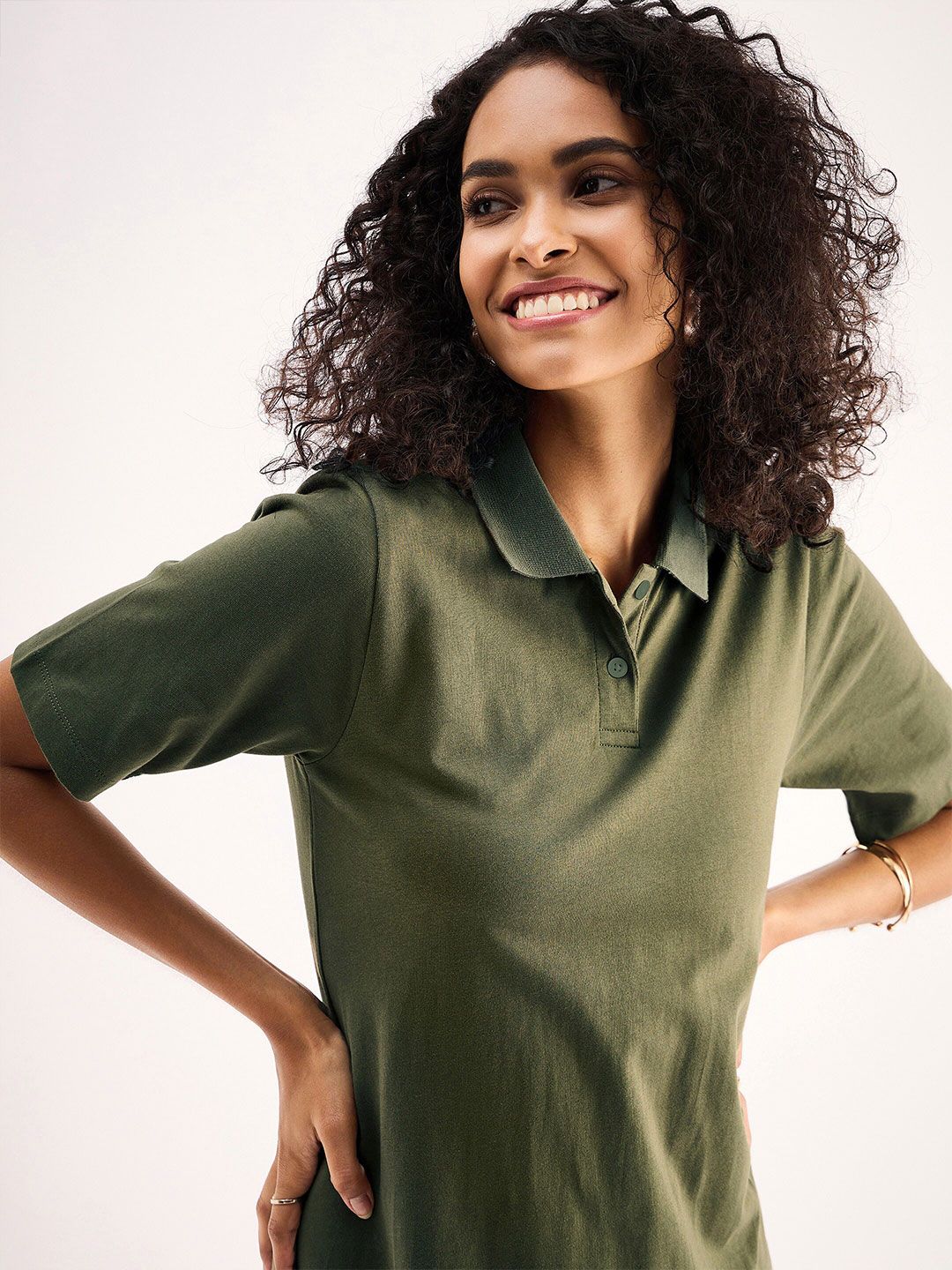 SASSAFRAS BASICS Olive Green Shirt Collar Oversized Cotton Midi A-Line Dress