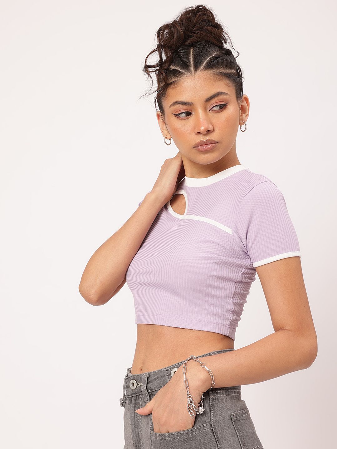 DressBerry Lavender Haze Street-Slay Ribbed Cut-out Crop Top