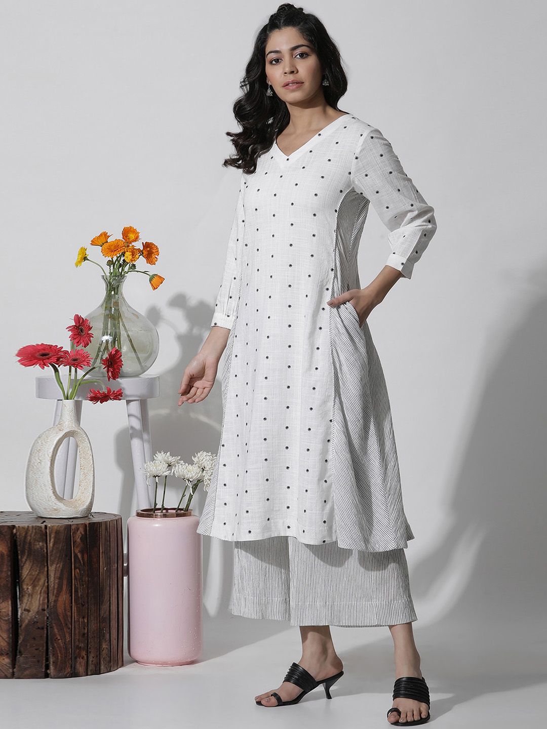 W Floral Embroidered Panelled A-Line Kurta