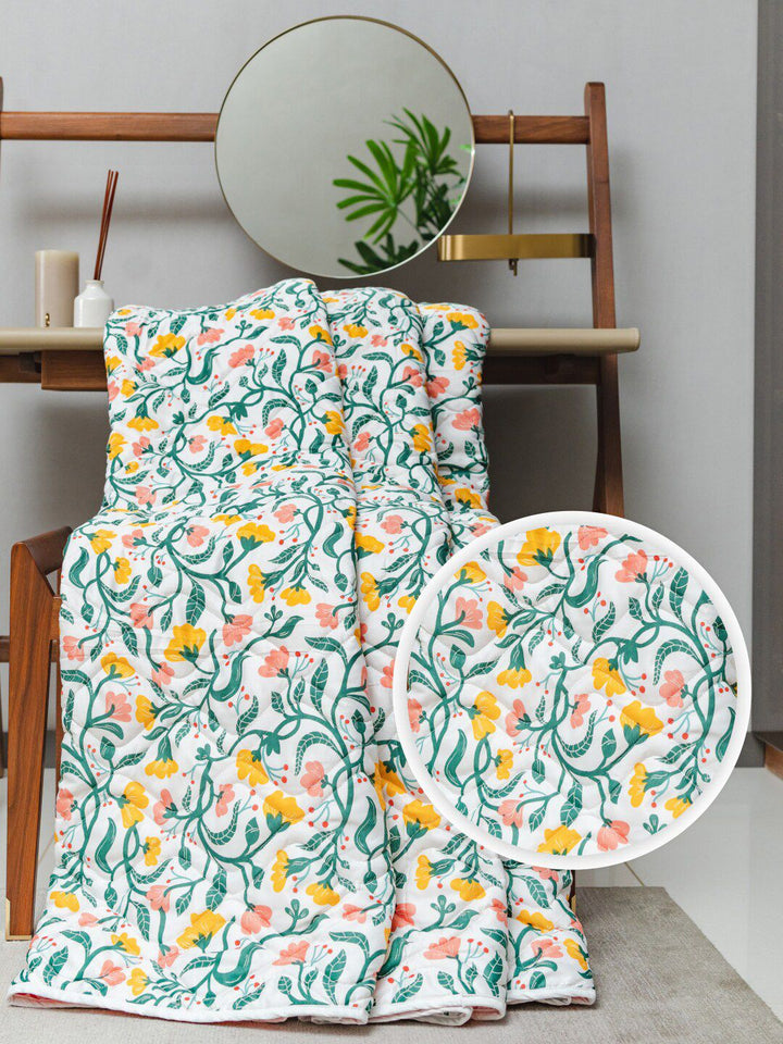 URBAN SPACE Kashmir White & Green Floral AC Room Double Bed Blanket