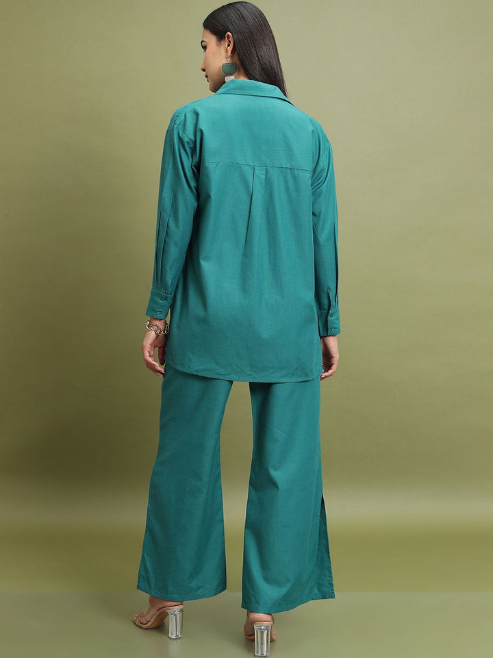 Tokyo Talkies Teal Green Shoulder Strap Crop Top With Trouser & Shirt