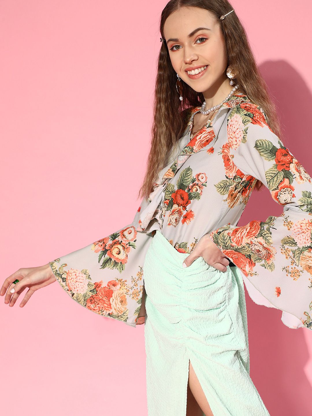 SASSAFRAS Grey & Red Floral Print Ruffles Crop Top