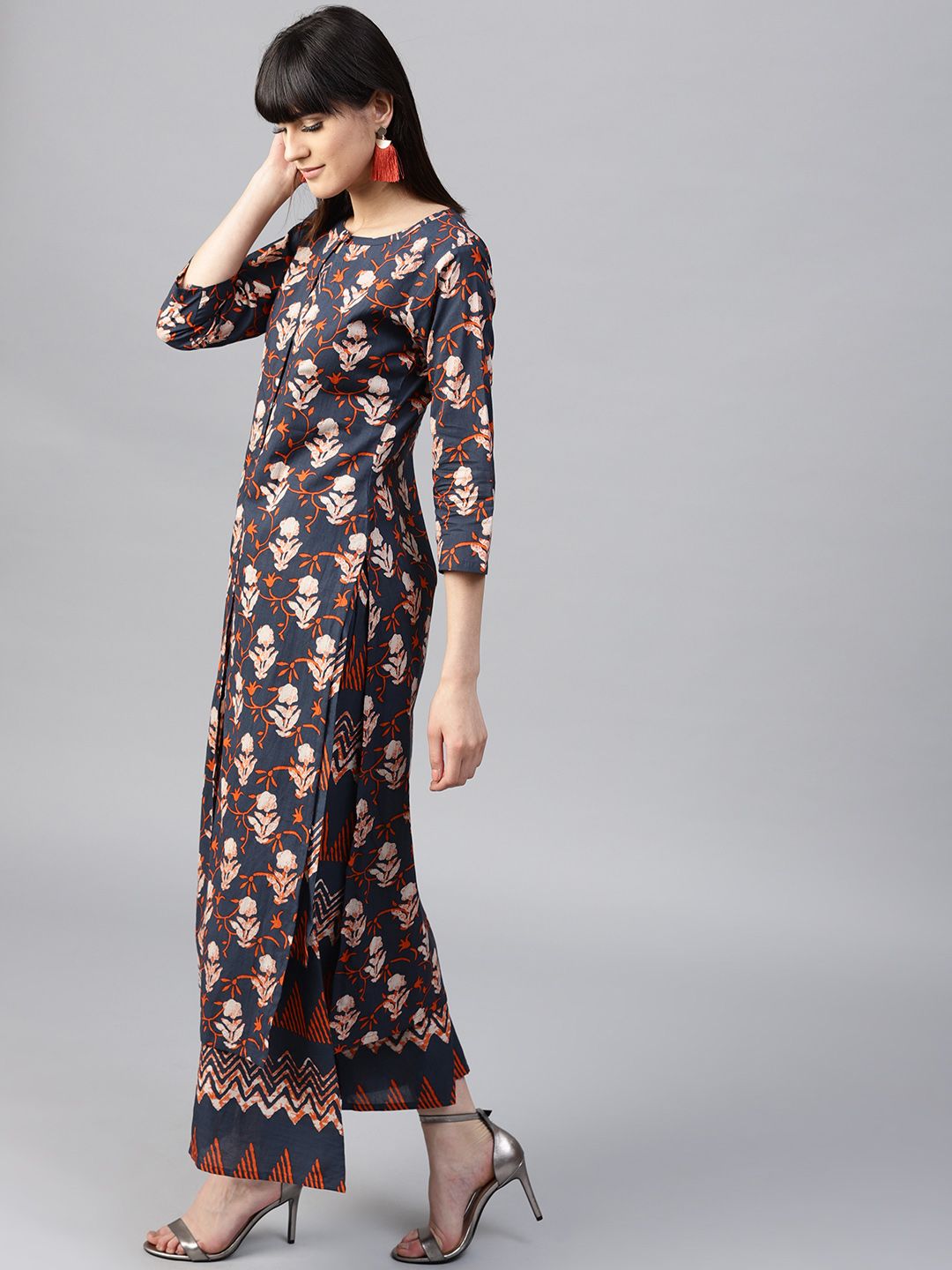 Gerua By Libas Women Navy  Orange Printed Kurta with Palazzos