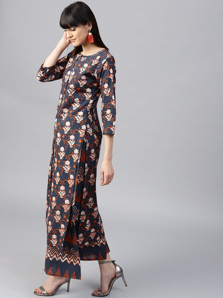 Gerua By Libas Women Navy  Orange Printed Kurta with Palazzos