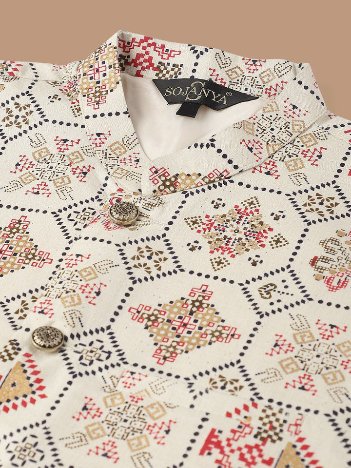 SOJANYA Ethnic Motifs Embroidered Pure Cotton Kurta With Churidar & Nehru Jacket