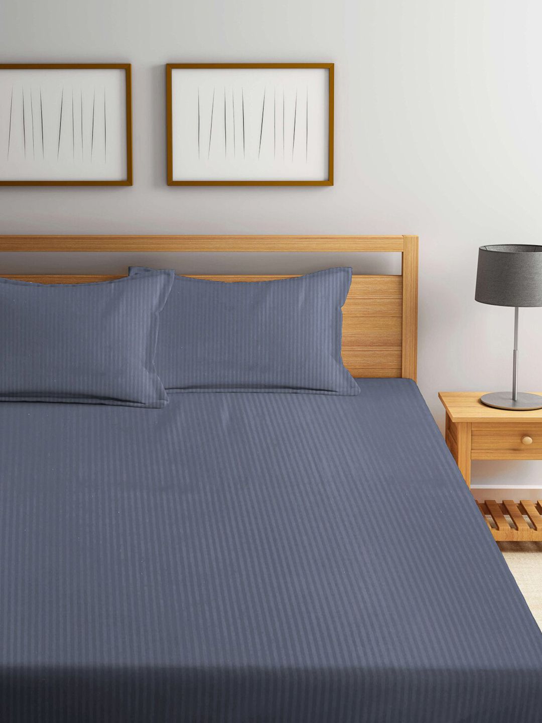 KLOTTHE Grey Striped 300 TC Fitted King Bedsheet With Pillow Cover