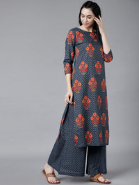 Vishudh Women Navy Blue Floral Printed Regular Pure Cotton Kurta with Palazzos