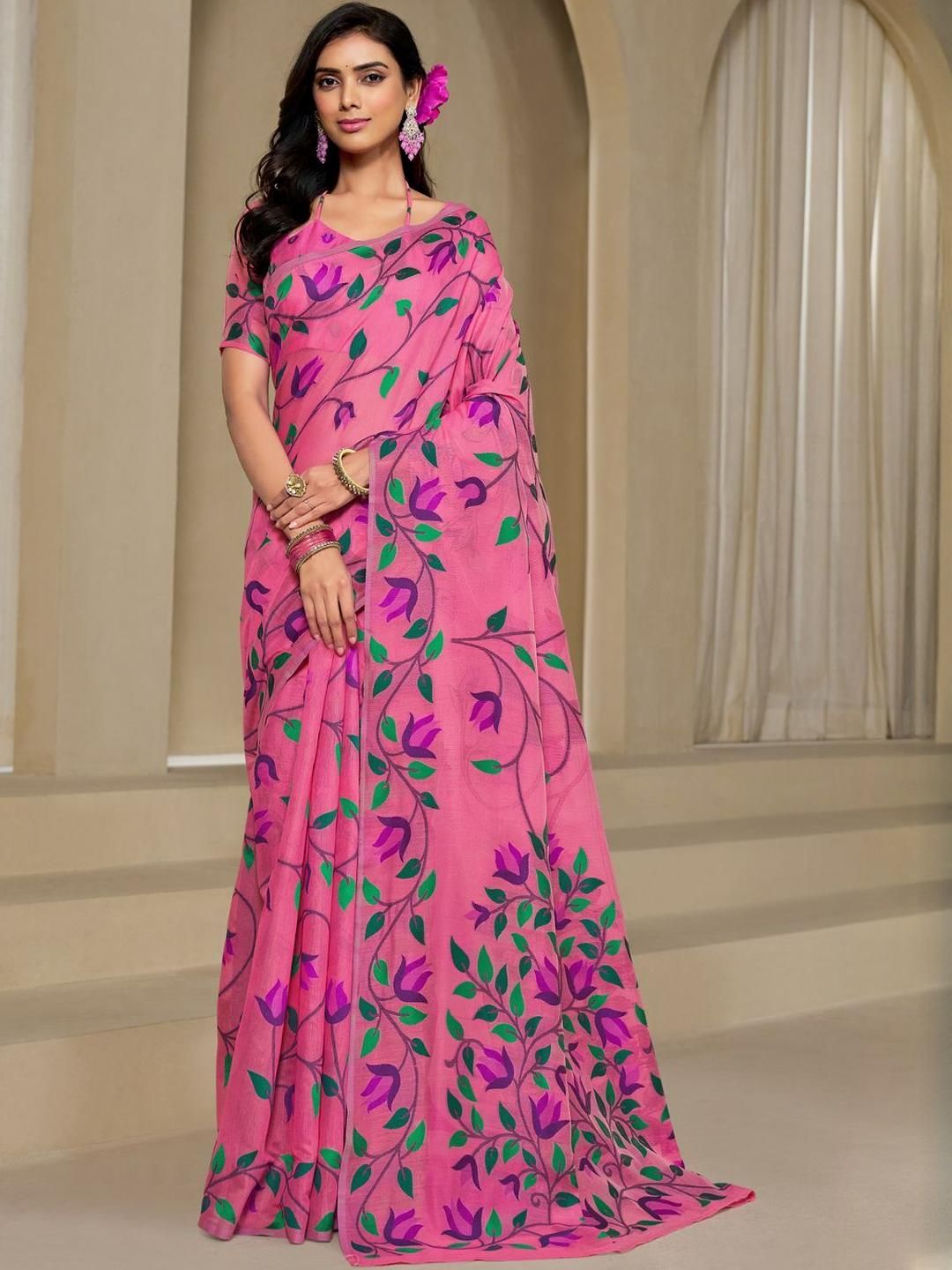 KALINI Pink Pure Cotton Woven Design Sarees