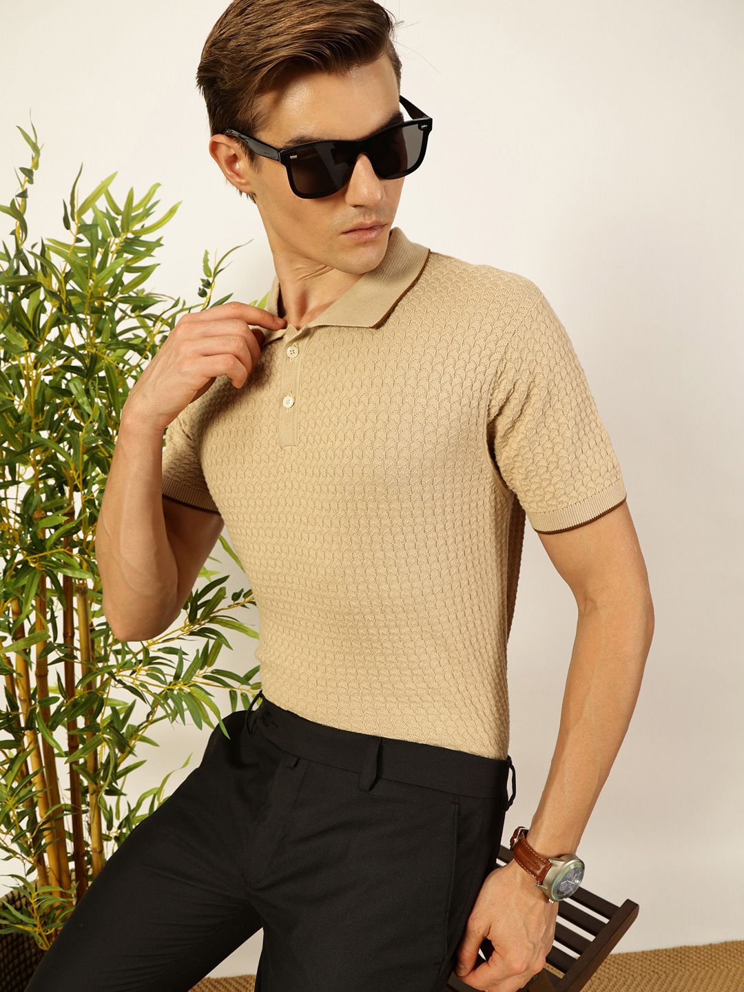 Thomas Scott Men Self Design Regular Fit Knitted Polo T-shirt