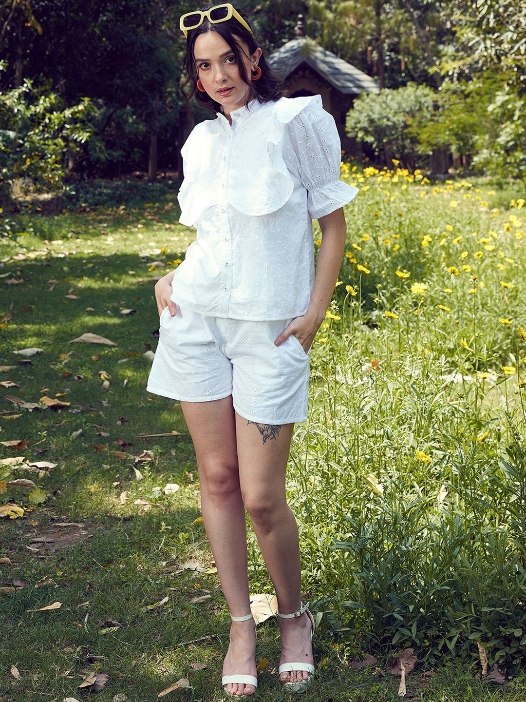 SASSAFRAS White Schiffli Pure Cotton Shirt & Shorts