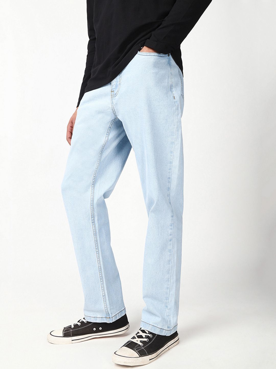 Bewakoof Men's Light Blue Slim Straight Fit Stretchable Washed Mid-Rise Jeans