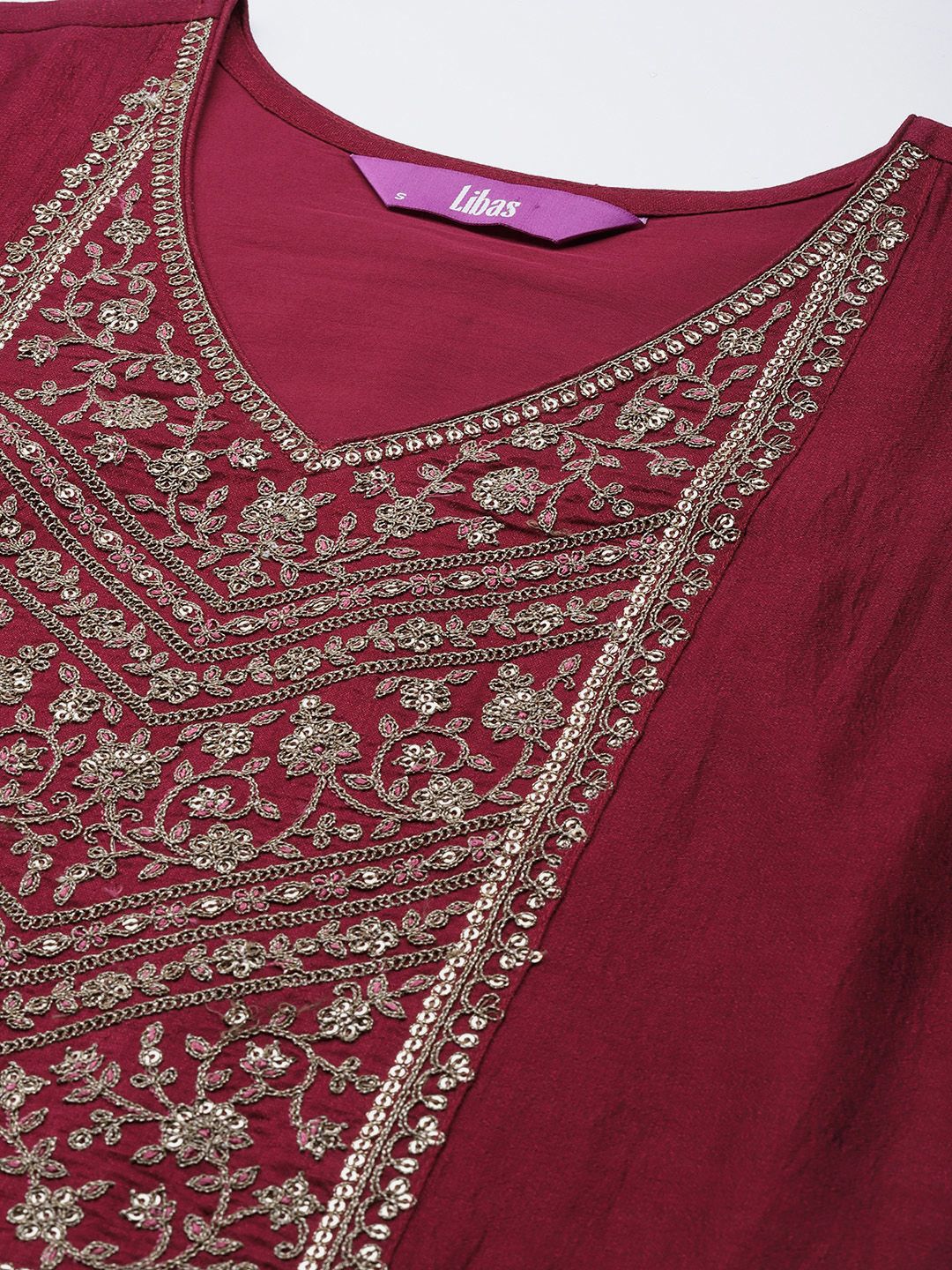 Libas Women Maroon Ethnic Motifs Embroidered Embellished Yoke Design Kurta