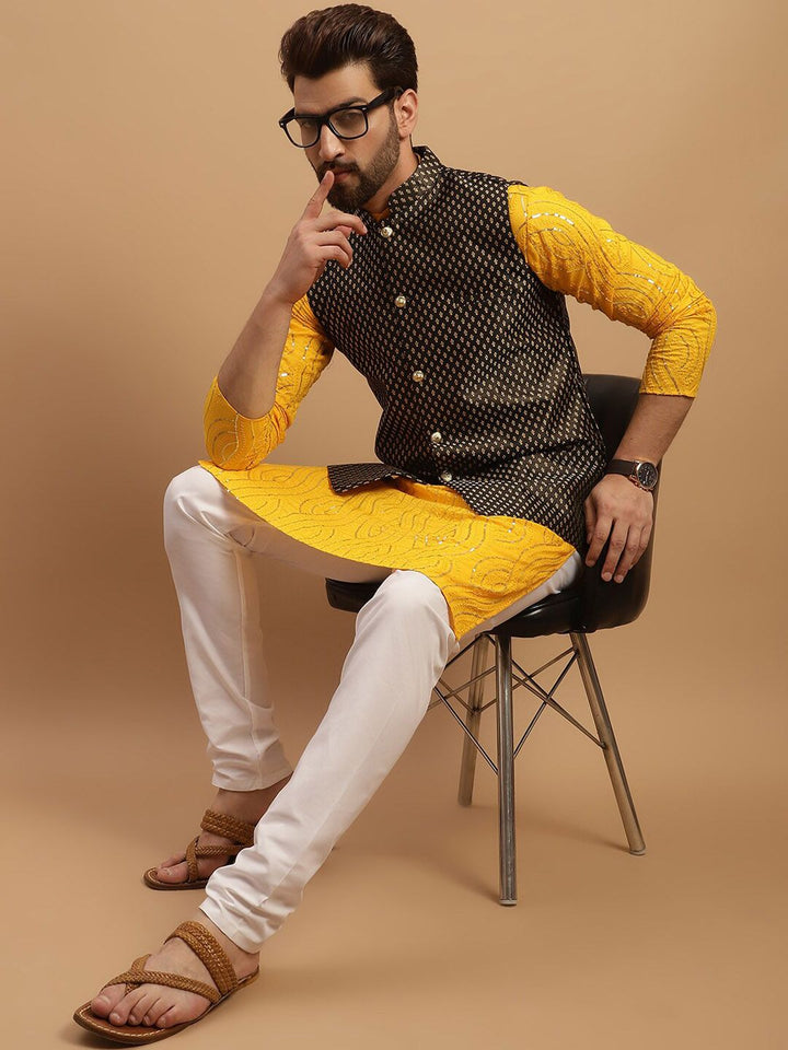 SOJANYA Embeoidered Sequinned Pure Cotton Kurta with Churidar & Woven Design Nehru Jacket