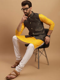 SOJANYA Embeoidered Sequinned Pure Cotton Kurta with Churidar & Woven Design Nehru Jacket