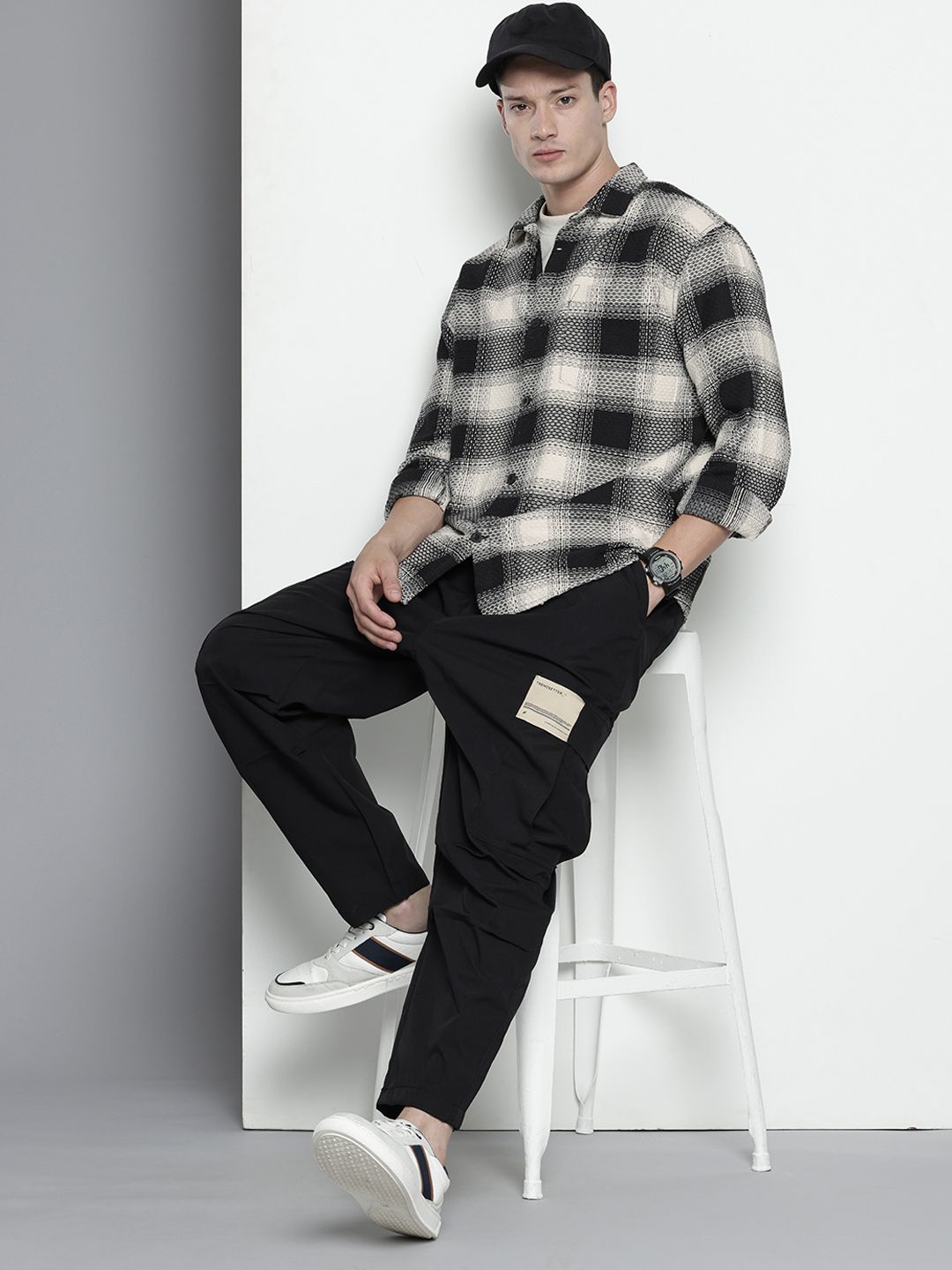 The Indian Garage Co Pure Cotton Textured Opaque Checked Casual Shirt