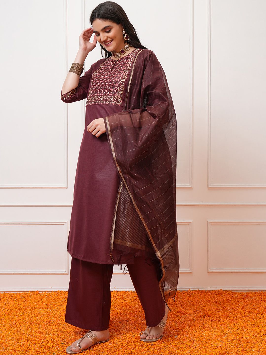 Vishudh Burgundy Ethnic Motifs Yoke Design Thread Work Kurta with Palazzo & Dupatta
