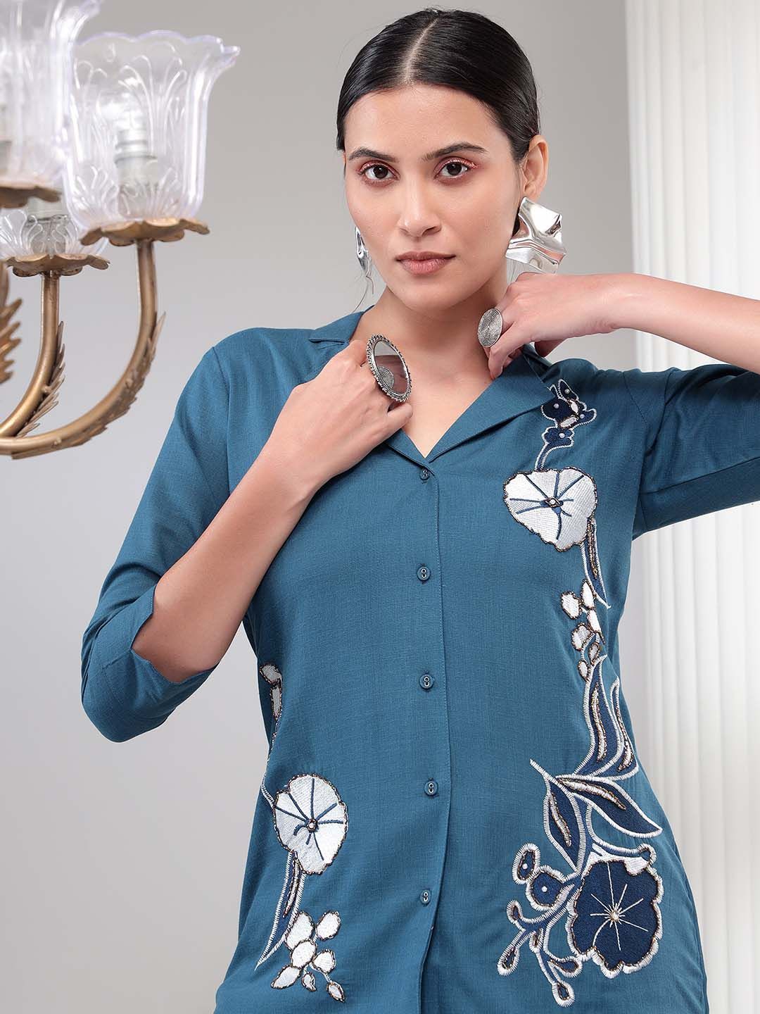 Bani Women Floral Embroidered Shirt & Palazzos Set