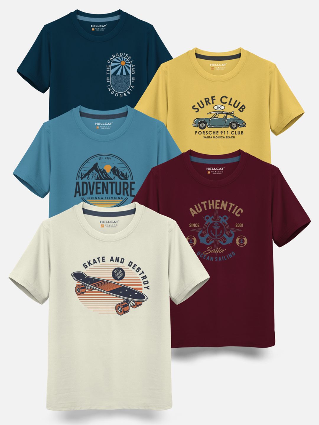 HELLCAT Boys Pack Of 5 Graphic Printed Cotton T-shirt
