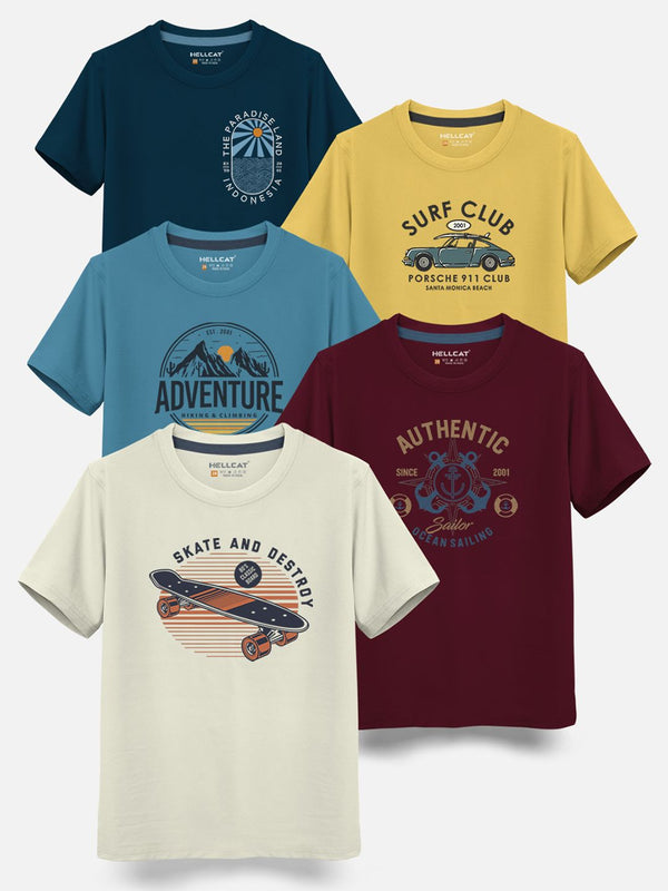 HELLCAT Boys Pack Of 5 Graphic Printed Cotton T-shirt