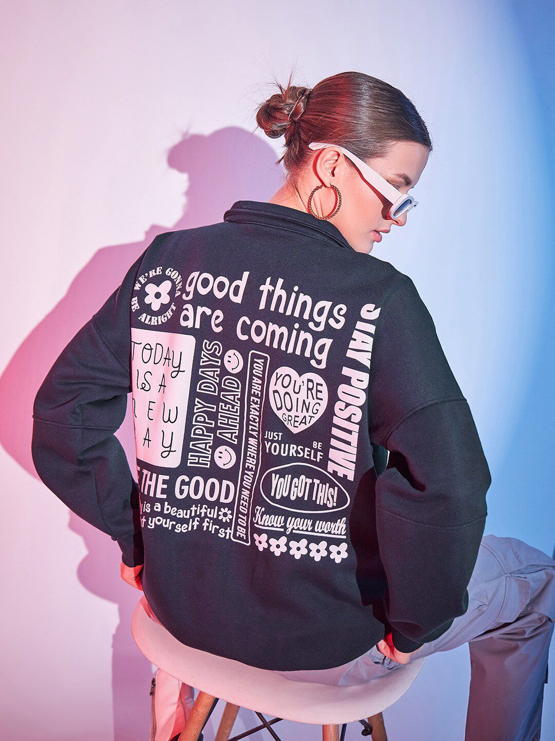 STREET 9 Typography Printed Mock Collar Half Zipper Fleece & Cotton Pullover Sweatshirt