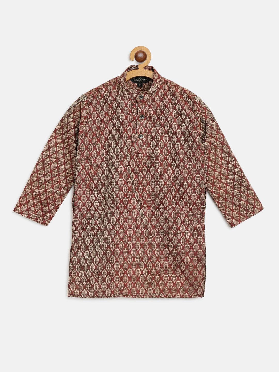 SOJANYA Boys Maroon & Golden Woven Design Mandarin Collar Jacquard Straight Kurta