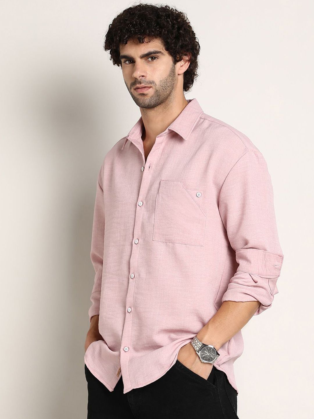 Campus Sutra Men Comfort Relaxed Fit Spread Collar Solid Cotton Casual Shirt