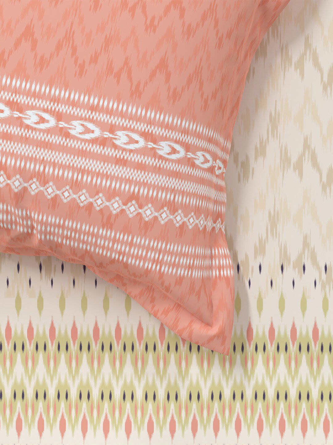 MYTRIDENT Ikkat Peach Sanskriti Flat 144TC King Cotton Bedsheet Set