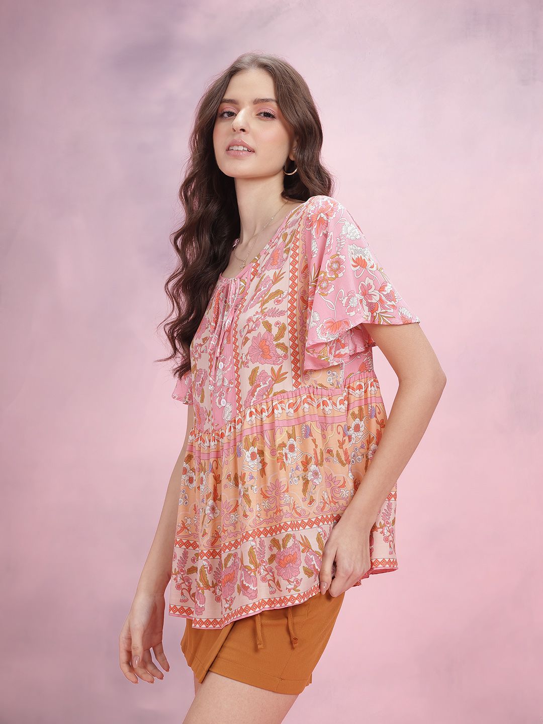 DressBerry Print Tie-Up Neck Ethnic Print A-Line Top