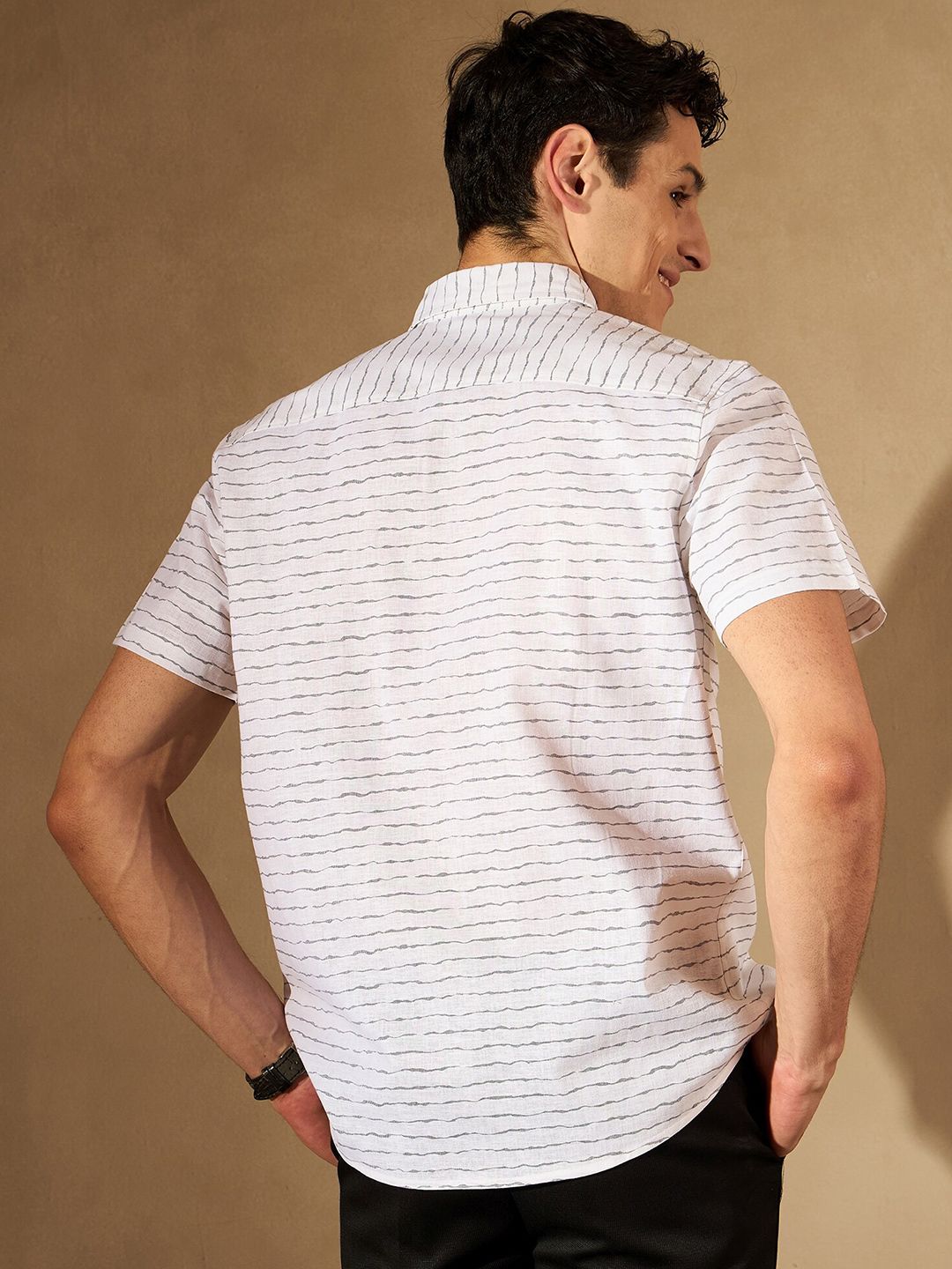 DENNISON Horizontal Striped Spread Collar Smart Regular Fit Cotton Casual Shirt