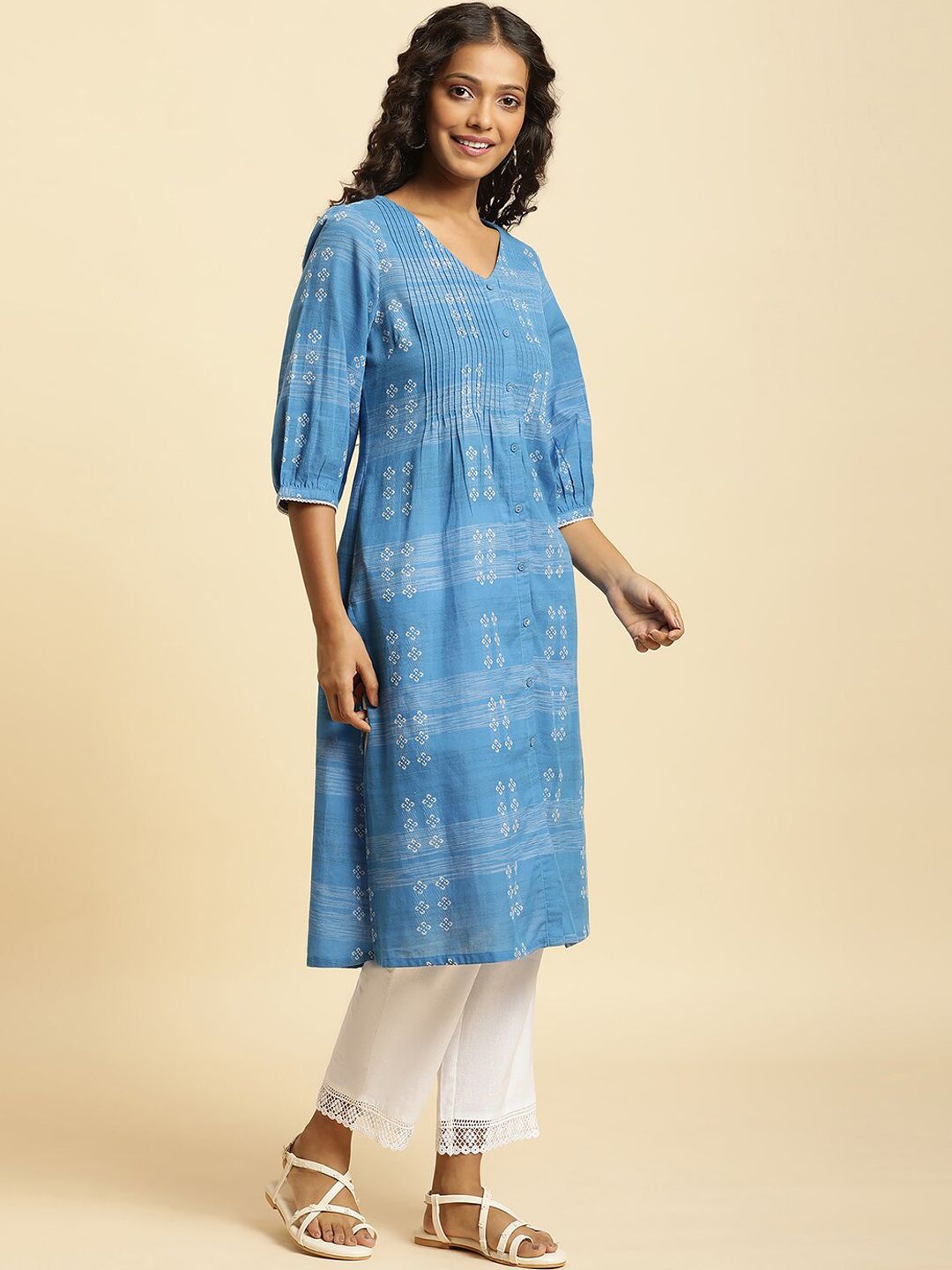 W Floral Woven Design Puffed Sleeves Panelled Pure Cotton A-Line Kurta