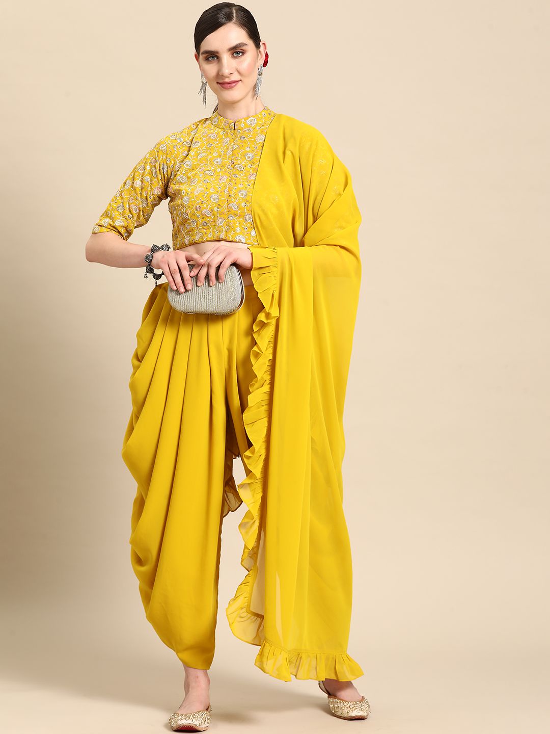 Libas Pure Georgette Ruffled Detail Dhoti Saree with Stitched Blouse
