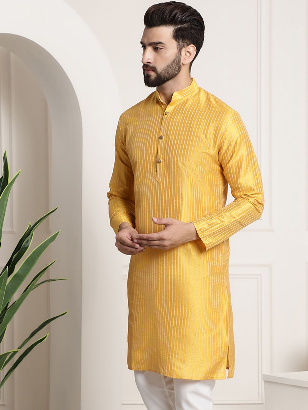 Sojanya Men Mustard Yellow & Golden Embellished Kurta