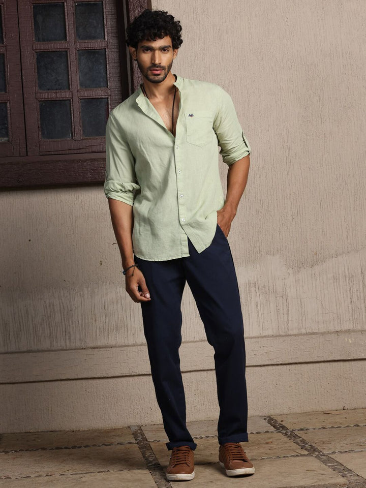 Thomas Scott Premium Cotton Linen Mandarin Collar Slim Fit Opaque Casual Shirt