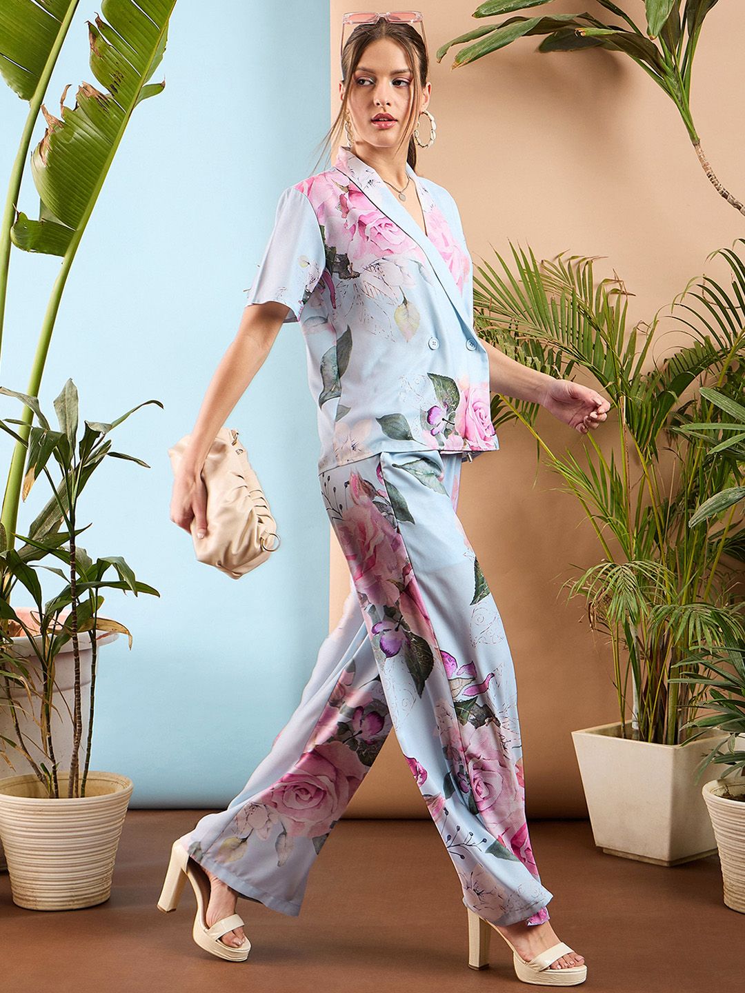 SASSAFRAS Blue Floral Printed Shawl Collar Top With Trousers