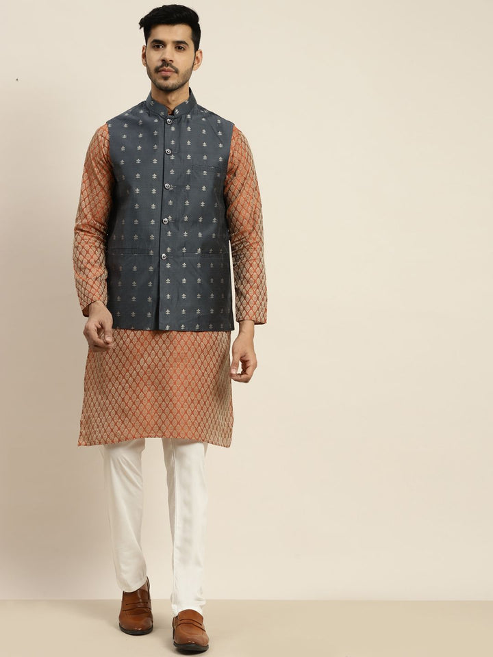 SOJANYA Men Orange Ethnic Motifs Kurta with Churidar with Nehru Jacket