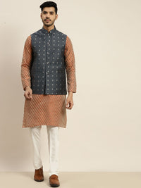 SOJANYA Men Orange Ethnic Motifs Kurta with Churidar with Nehru Jacket