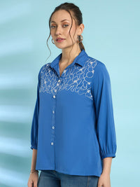 Antheaa Blue Floral Embroidered Shirt Collar Puff Sleeves Shirt Style Top