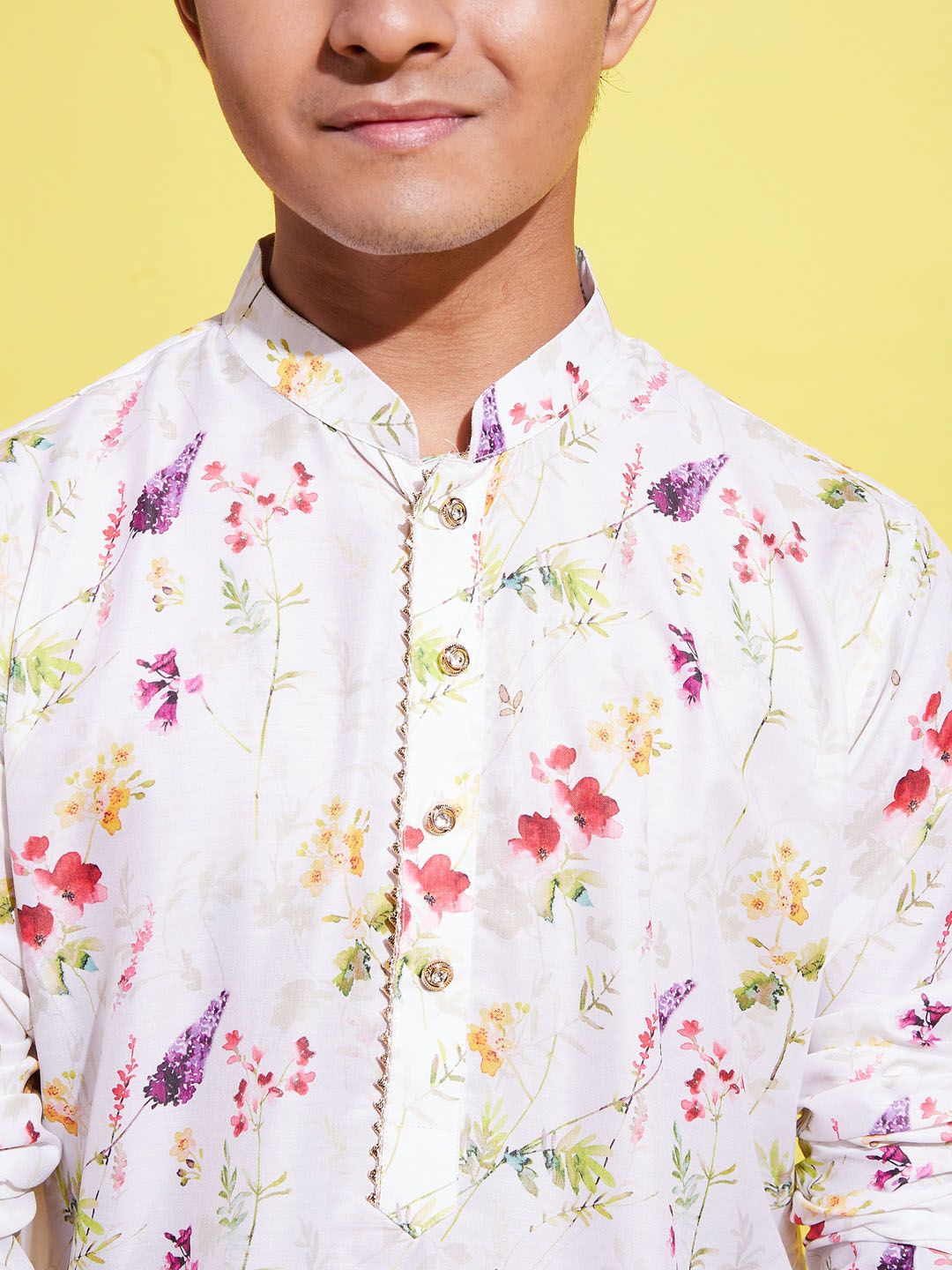 VASTRAMAY Boys Cream & Red Floral Printed Kurta with Pyjamas