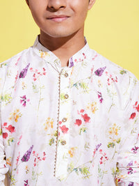 VASTRAMAY Boys Cream & Red Floral Printed Kurta with Pyjamas
