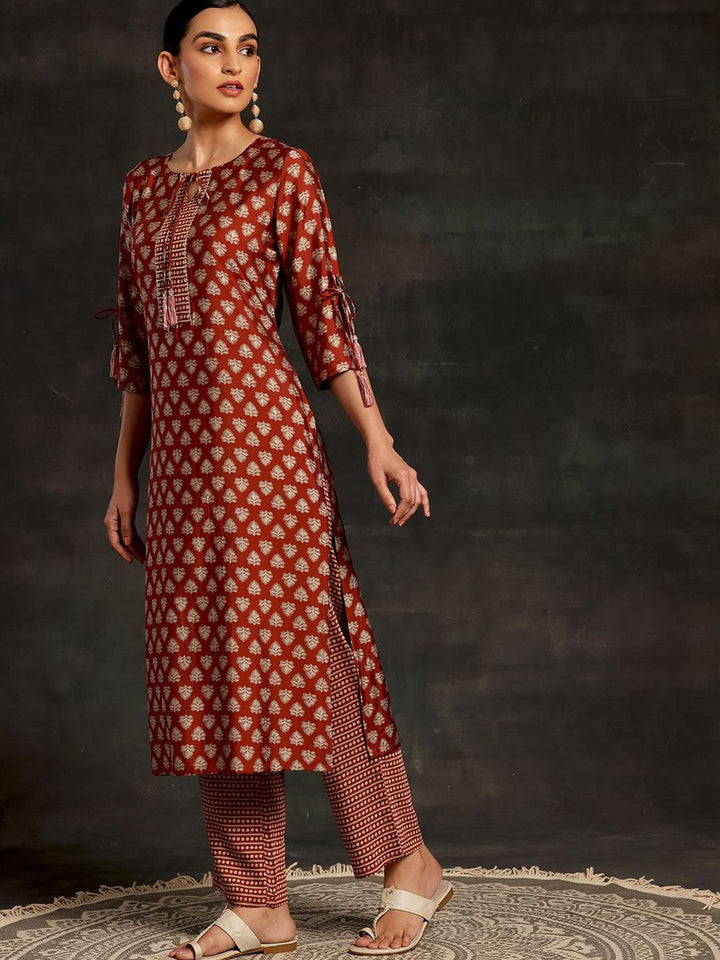 Libas Floral Printed Tie-Up Neck Three-Quarter Sleeves Sequinned Kurta with Trousers