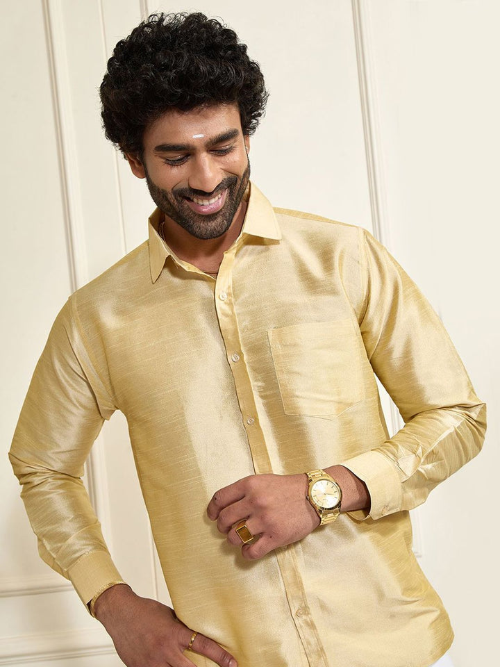 VASTRAMAY Shirt Collar Long Roll-Up Sleeves Shirt With Veshti